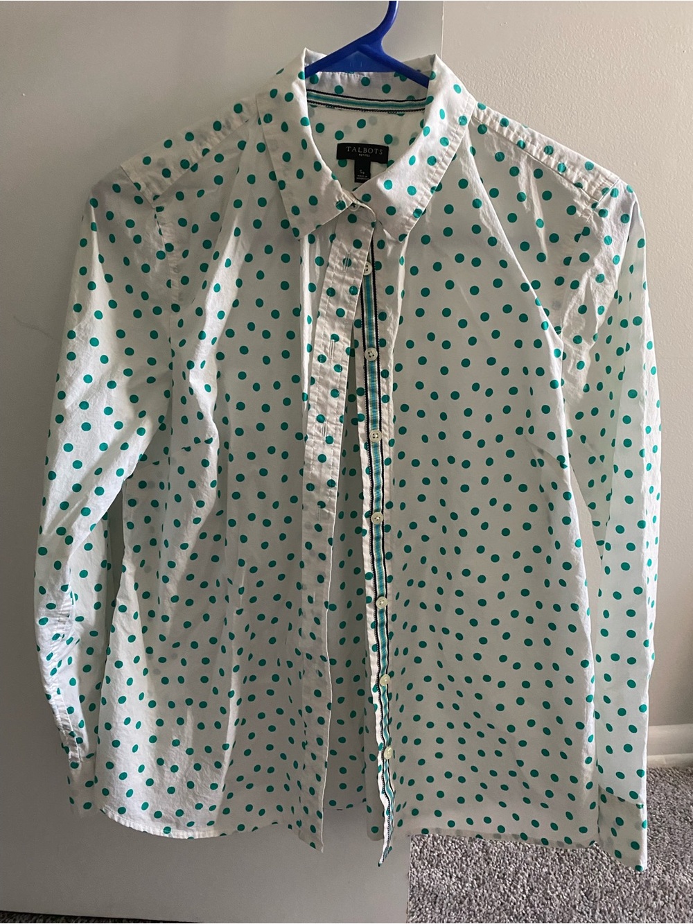 Talbots White Button-Down Shirt with Teal Polka Dots
